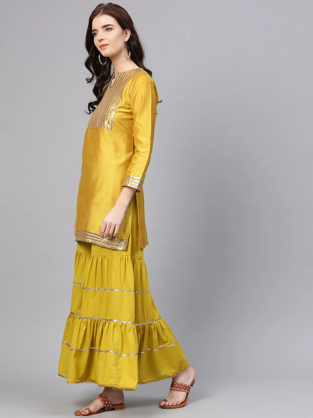 Bhama Couture Women Mustard Yellow &amp; Green Yoke Design Kurti with Sharara &amp; Dupatta-L-1