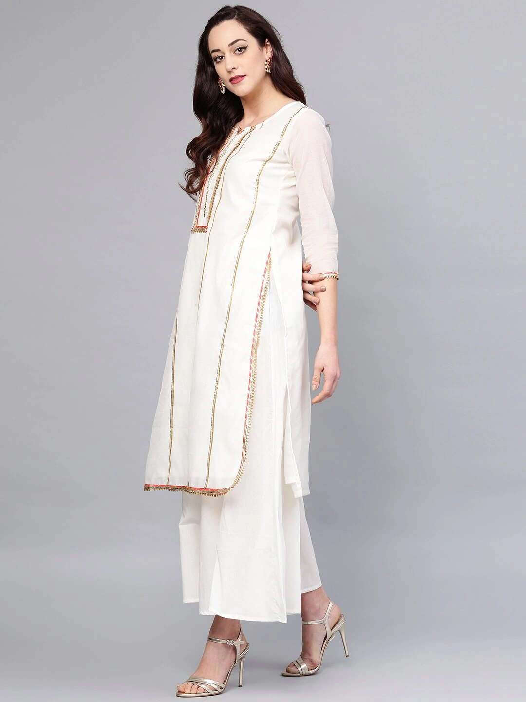 Bhama Couture Women Off-White Solid Kurta with Palazzos &amp; Dupatta-XL-1