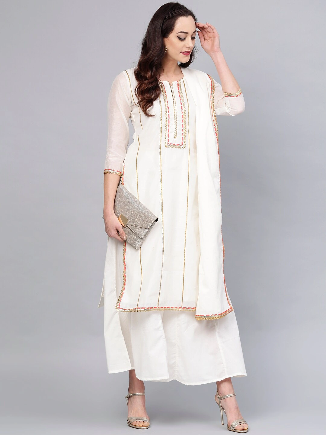 Bhama Couture Women Off-White Solid Kurta with Palazzos &amp; Dupatta-XL-3