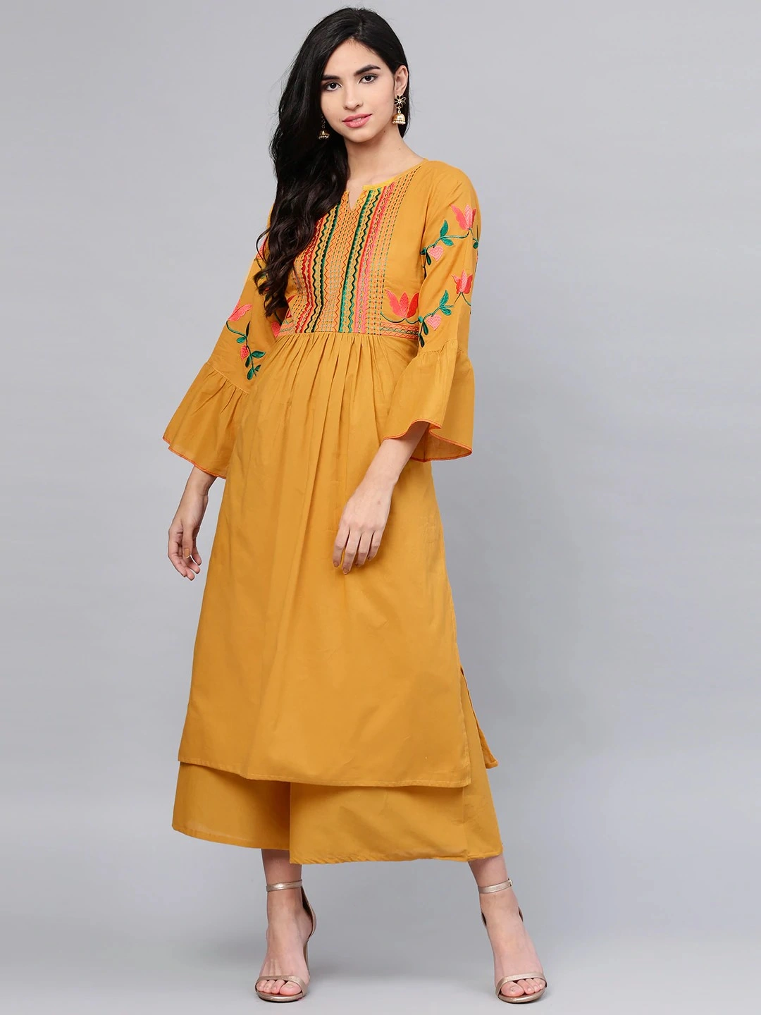 Bhama Couture Women Mustard Yellow Yoke Design Kurta with Palazzos-BHKS130_L