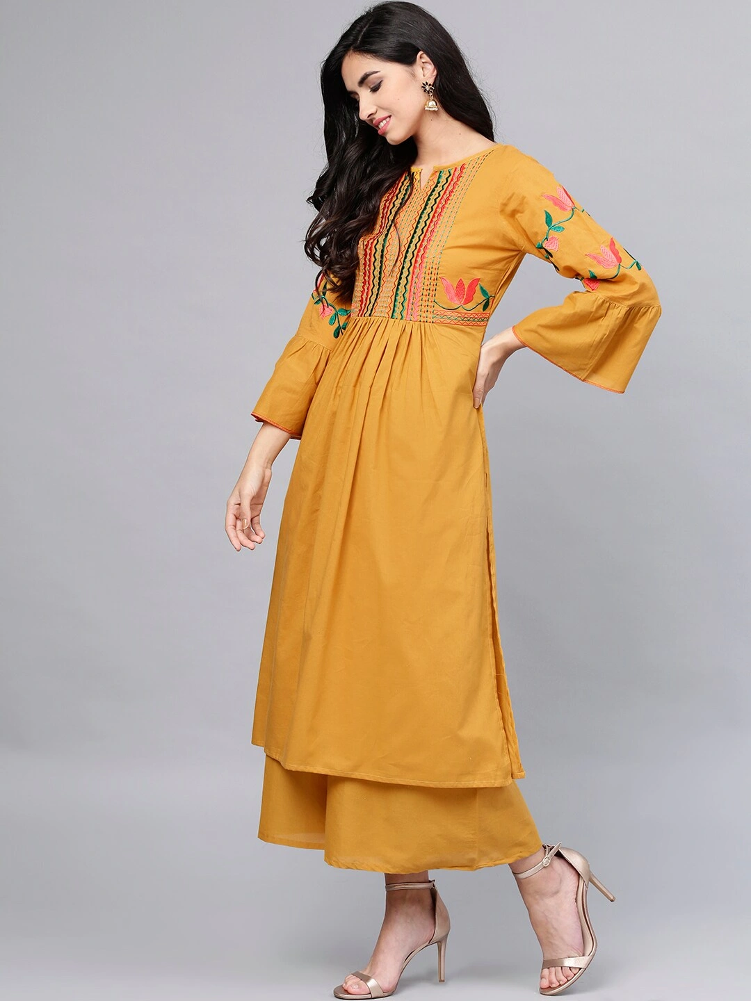 Bhama Couture Women Mustard Yellow Yoke Design Kurta with Palazzos-L-1