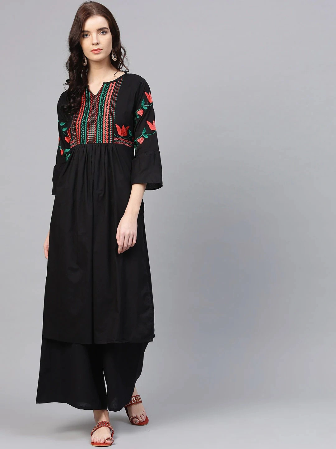 Bhama Couture Women Black &amp; Peach-Coloured Yoke Design Kurta with Palazzos-BHKS133_L