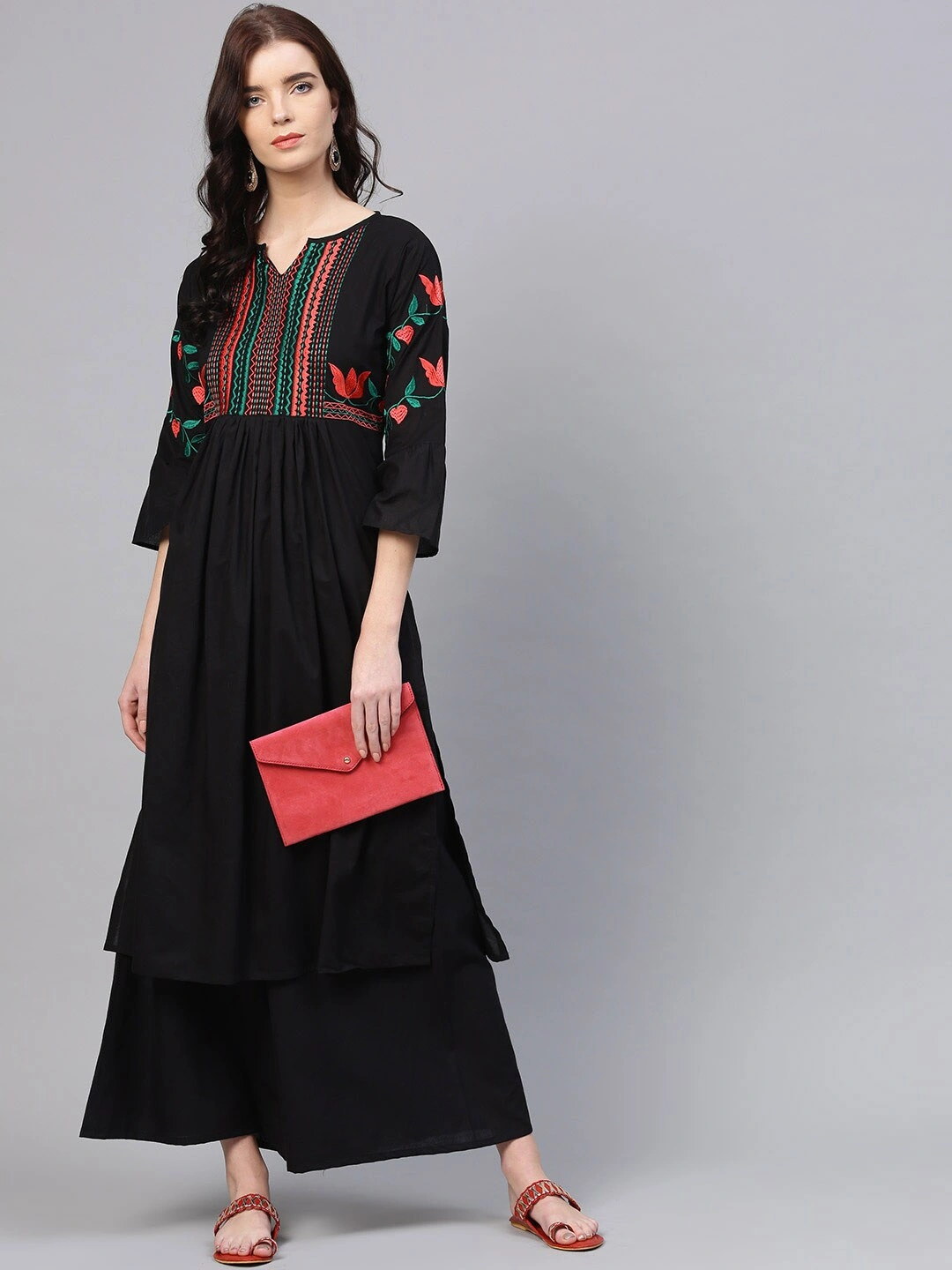 Bhama Couture Women Black &amp; Peach-Coloured Yoke Design Kurta with Palazzos-L-1