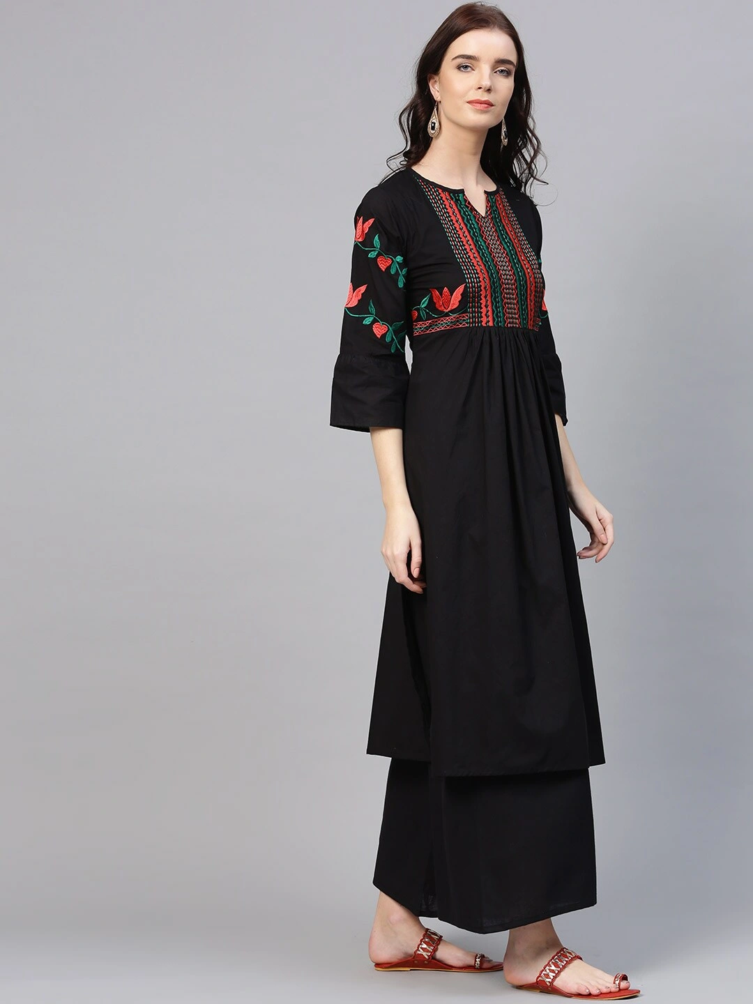 Bhama Couture Women Black &amp; Peach-Coloured Yoke Design Kurta with Palazzos-L-2