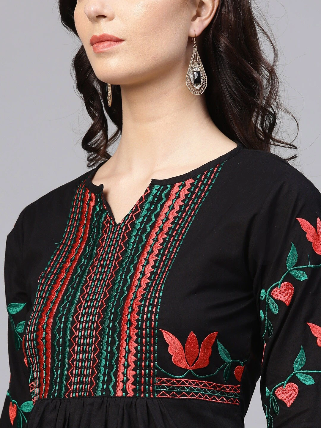 Bhama Couture Women Black &amp; Peach-Coloured Yoke Design Kurta with Palazzos-L-4