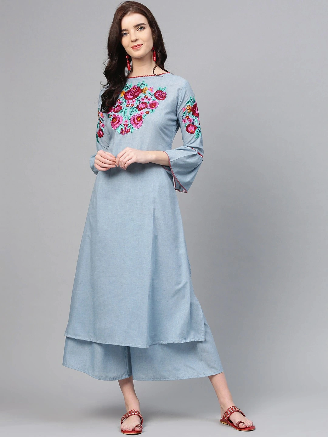 Bhama Couture Women Blue &amp; Pink Yoke Design Kurta with Palazzos-BHKS134_L