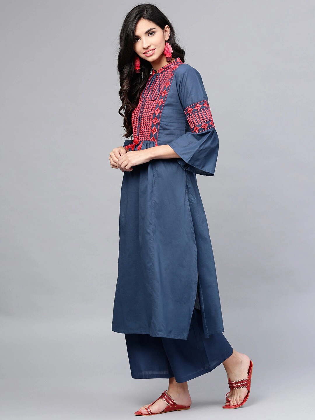 Bhama Couture Women Navy Blue Yoke Design Kurta with Palazzos-L-1