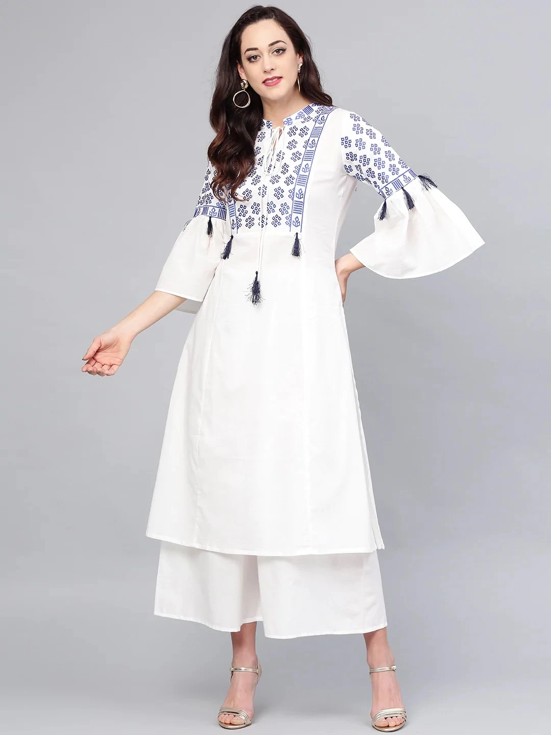 Bhama Couture Women White Yoke Design Kurta with Palazzos-BHKS136_L