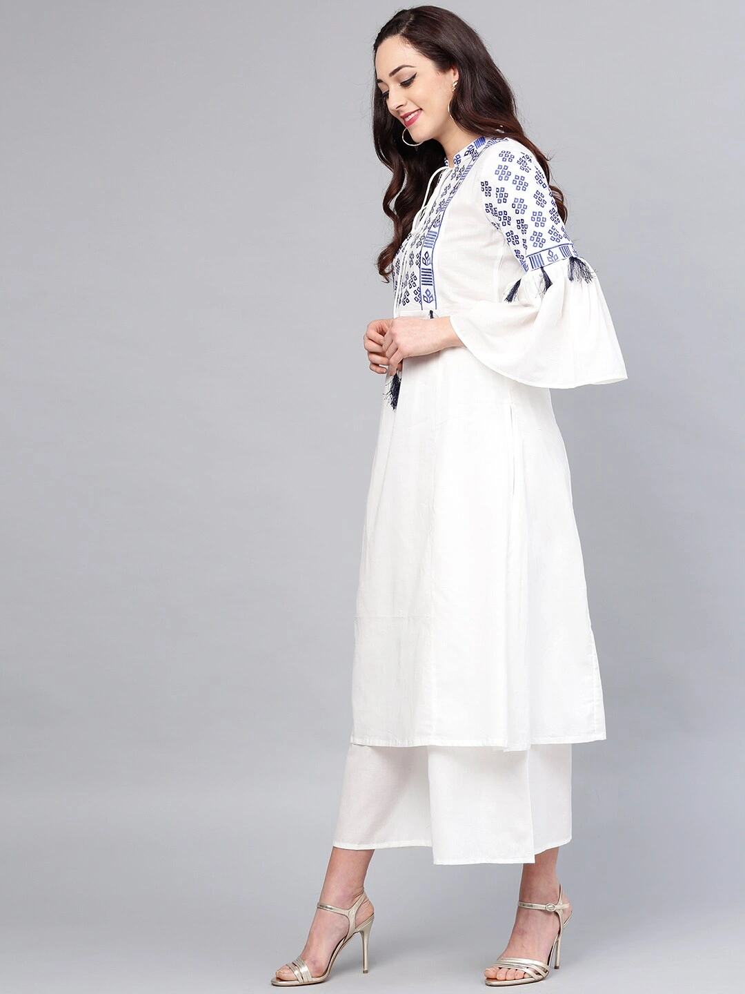 Bhama Couture Women White Yoke Design Kurta with Palazzos-L-1