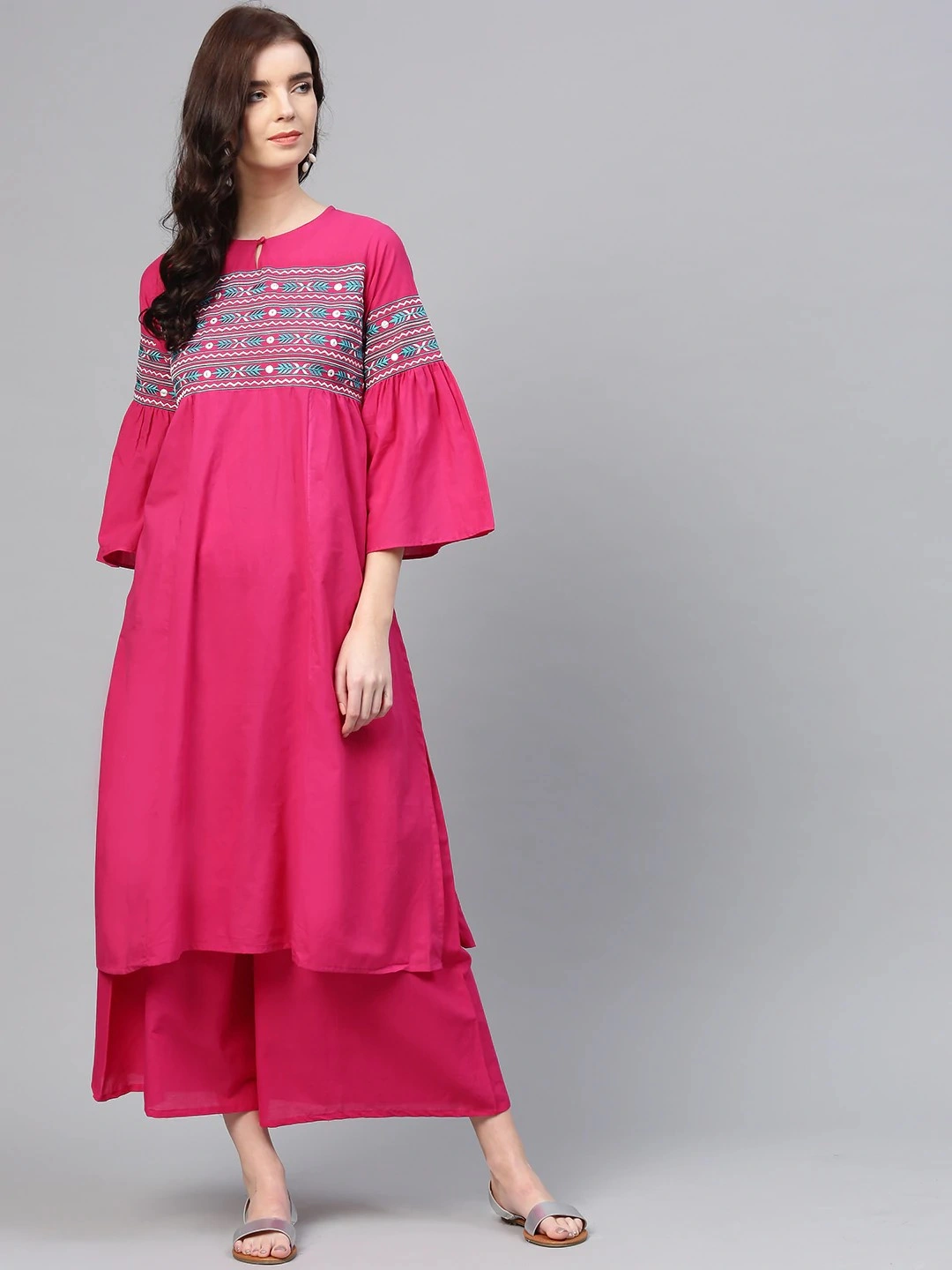 Bhama Couture Women Pink &amp; Teal Yoke Design Kurta with Palazzos-BHKS138_L