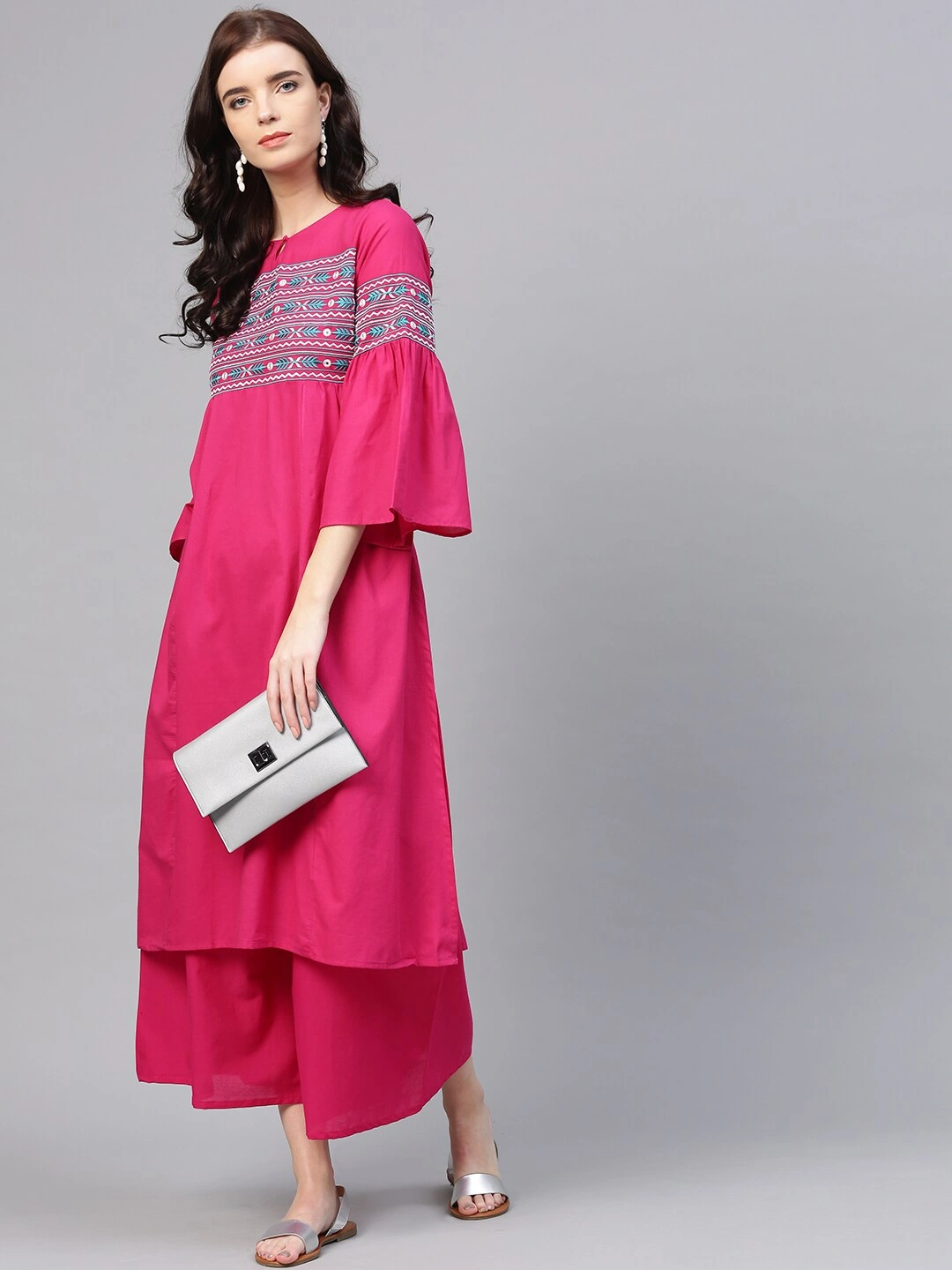 Bhama Couture Women Pink &amp; Teal Yoke Design Kurta with Palazzos-L-1