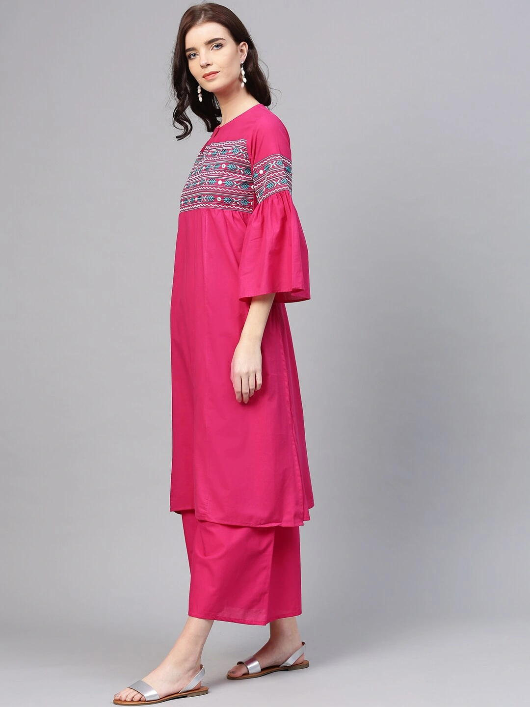 Bhama Couture Women Pink &amp; Teal Yoke Design Kurta with Palazzos-M-2