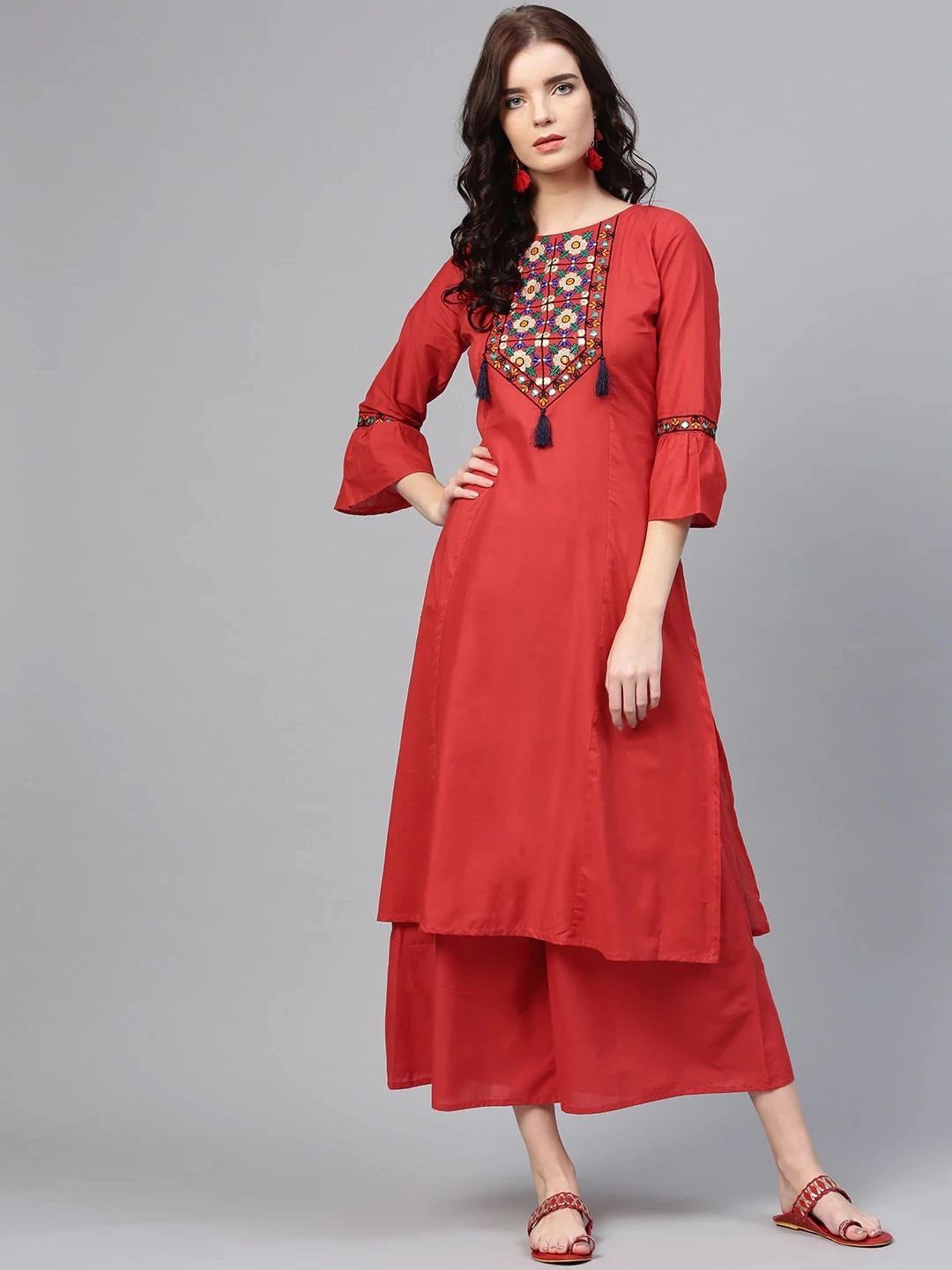 Bhama Couture Women Rust Red Yoke Design Kurta with Palazzos-BHKS140_M