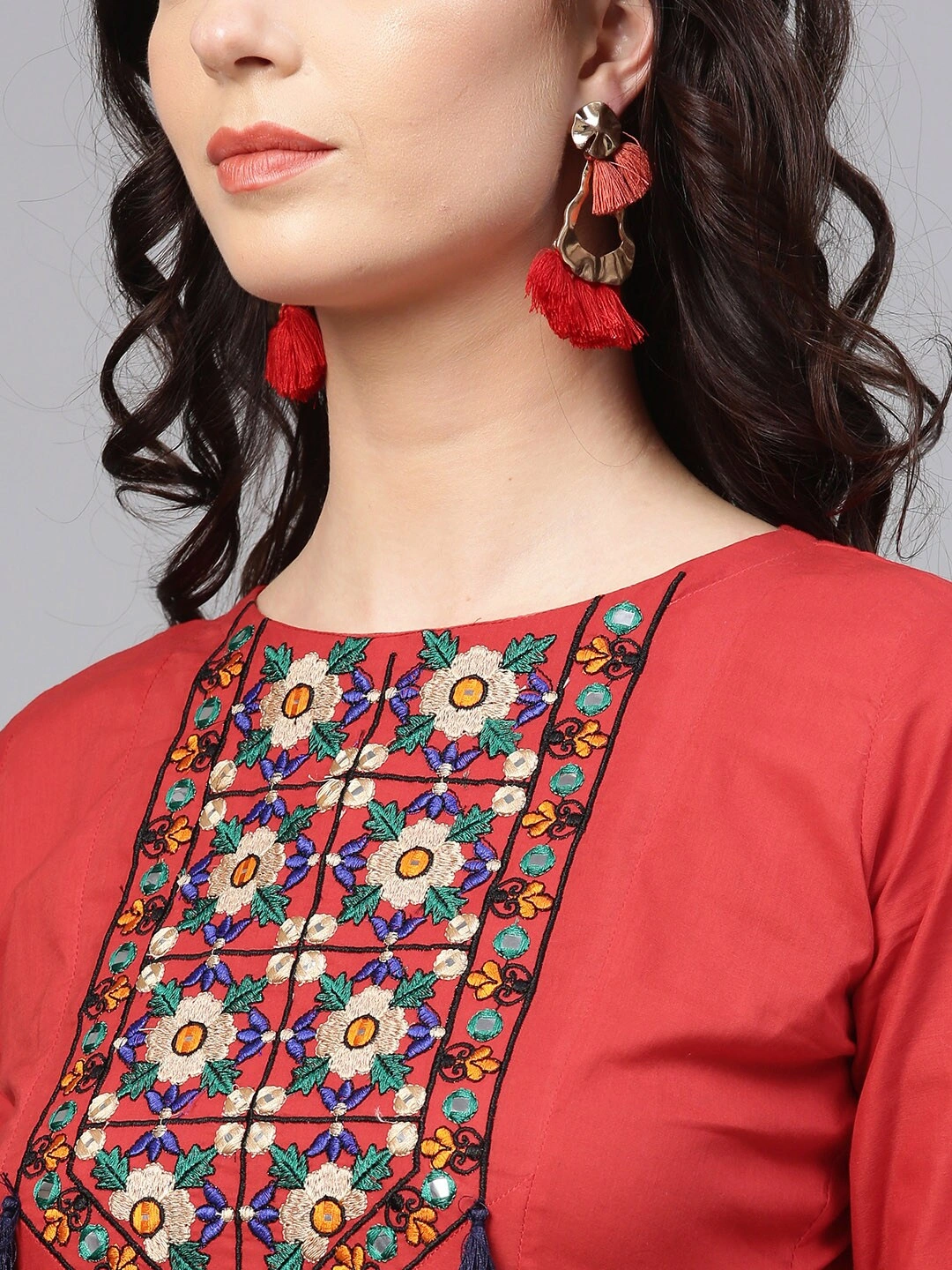 Bhama Couture Women Rust Red Yoke Design Kurta with Palazzos-M-3