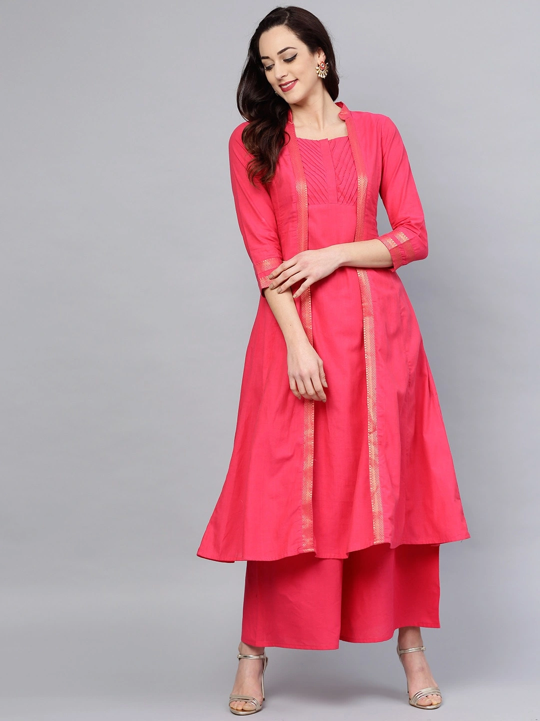 Bhama Couture Women Magenta Solid Kurta with Palazzos-BHKS144_L