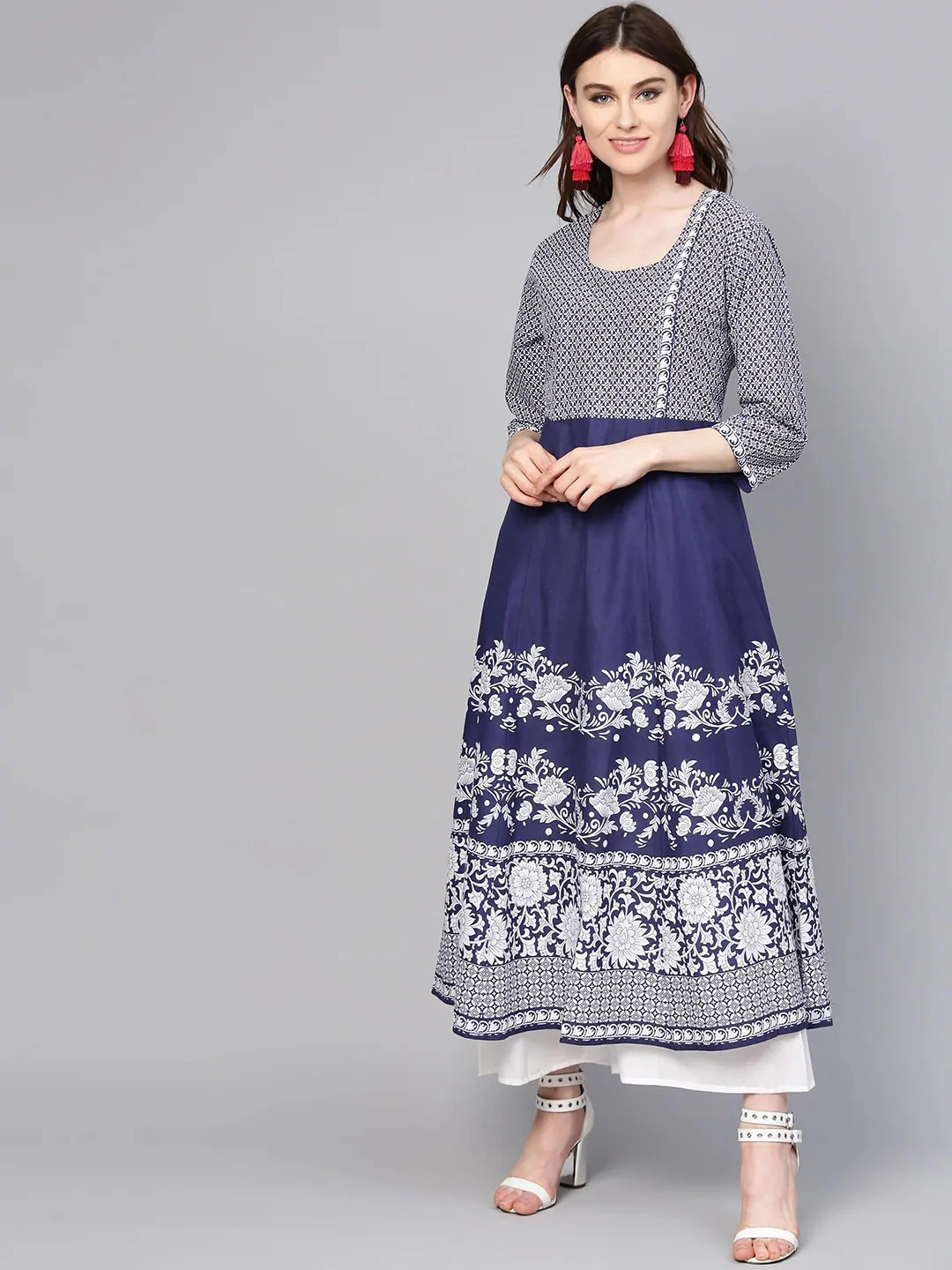 Bhama Couture Women Navy Blue &amp; White Printed Kurta with Palazzos-BHKS147_M