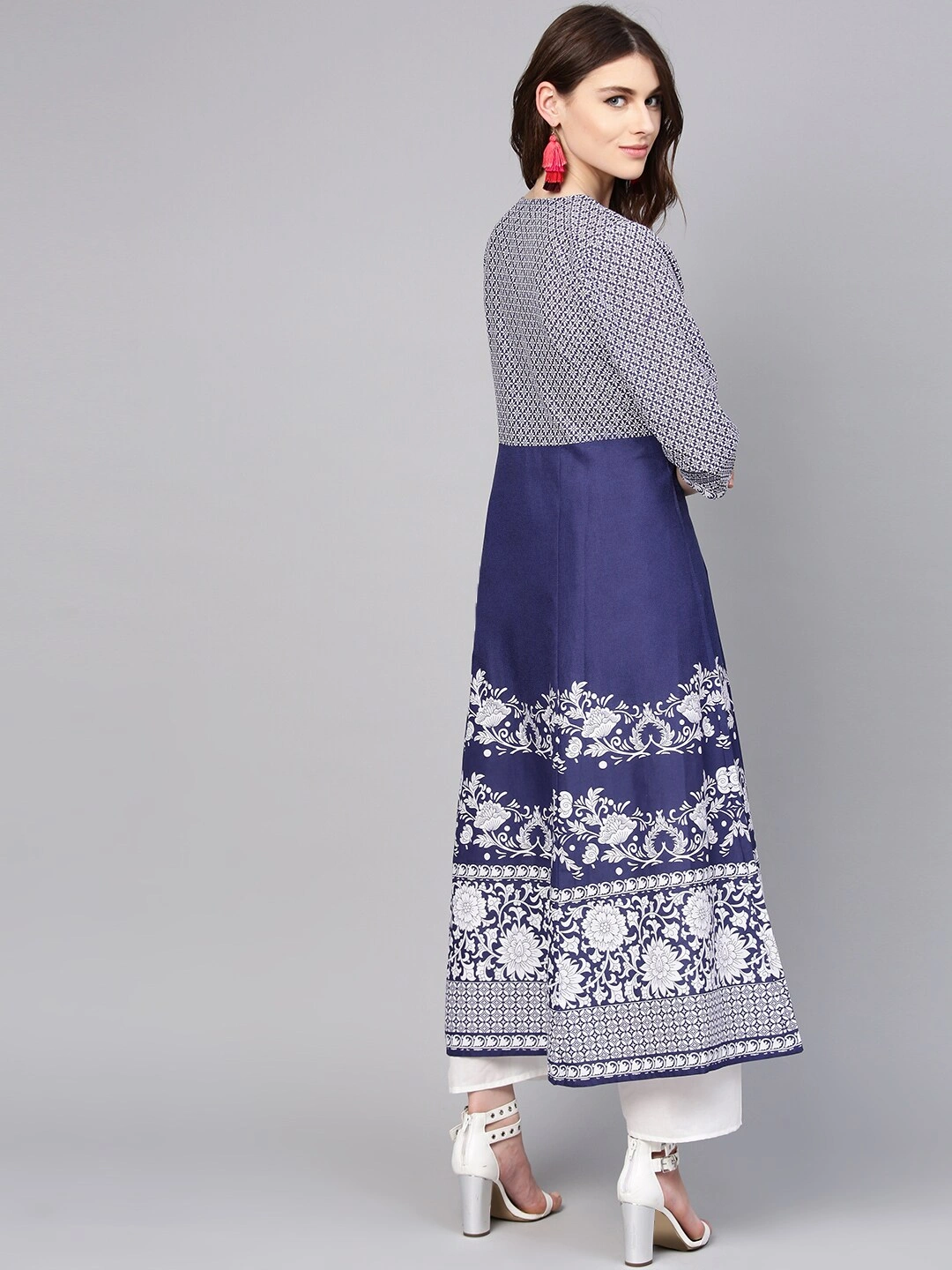 Bhama Couture Women Navy Blue &amp; White Printed Kurta with Palazzos-M-2