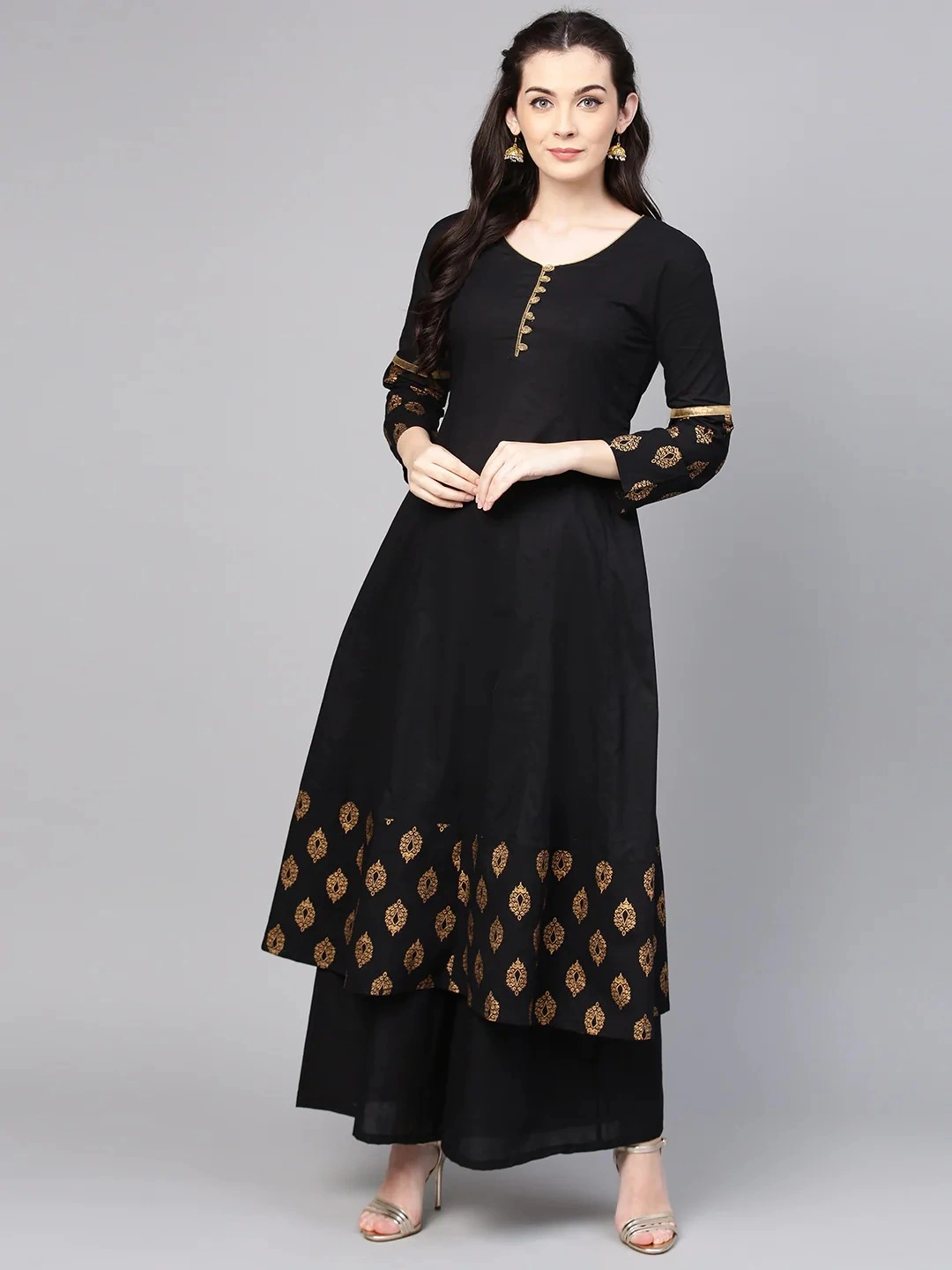 Bhama Couture Women Black &amp; Golden Solid Kurta with Palazzos-BHKS149_L