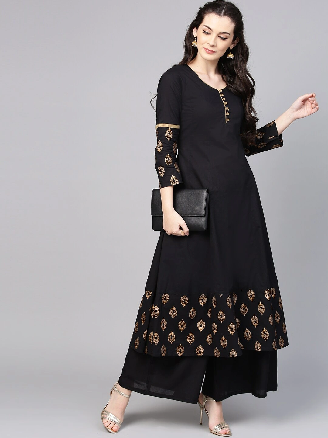 Bhama Couture Women Black &amp; Golden Solid Kurta with Palazzos-L-1