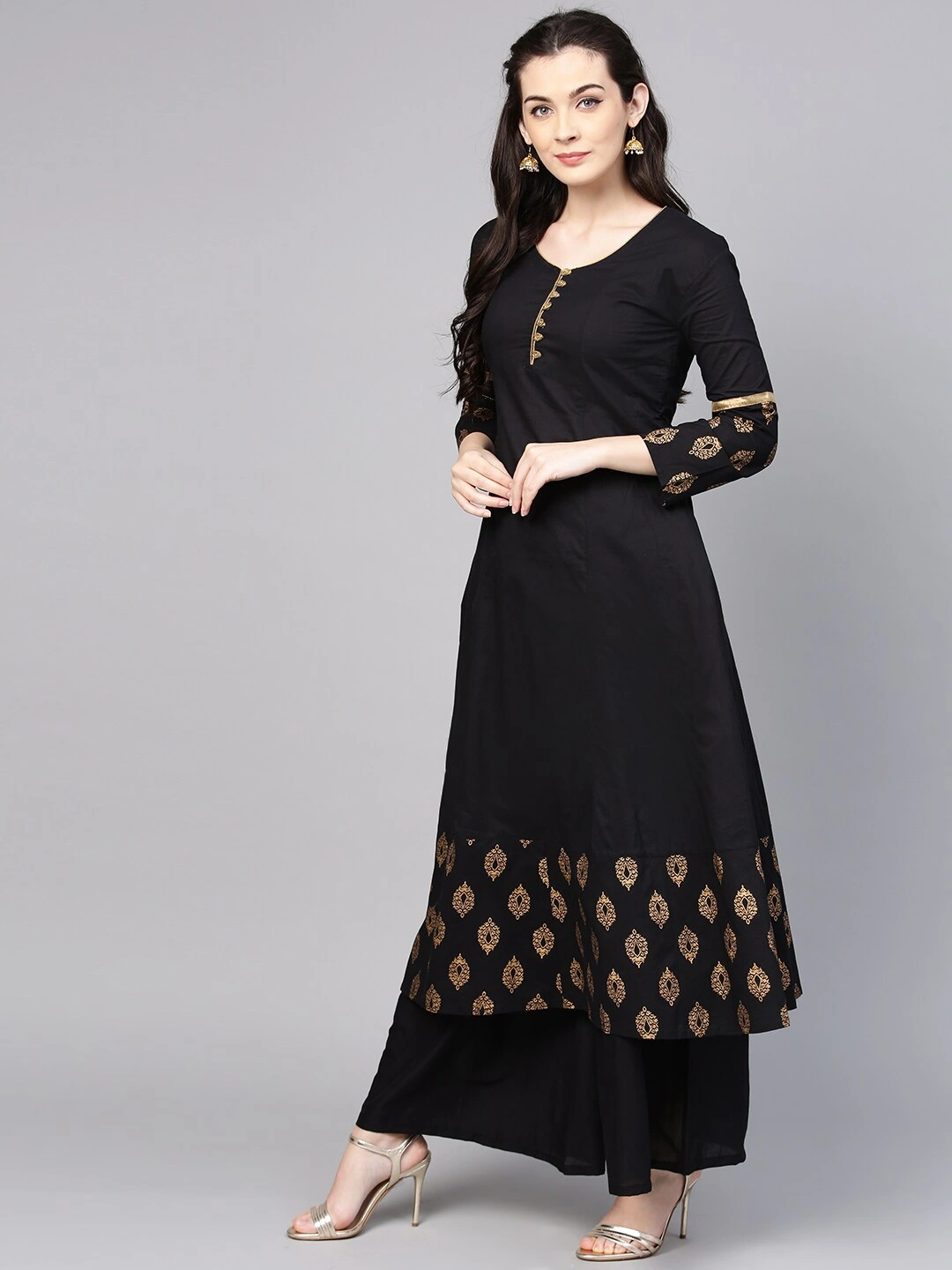 Bhama Couture Women Black &amp; Golden Solid Kurta with Palazzos-L-2