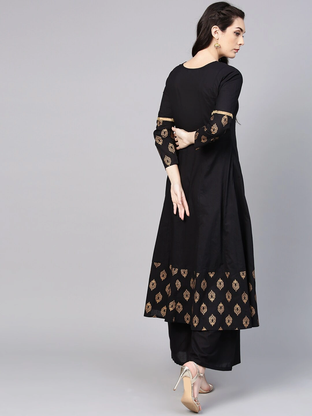 Bhama Couture Women Black &amp; Golden Solid Kurta with Palazzos-L-3