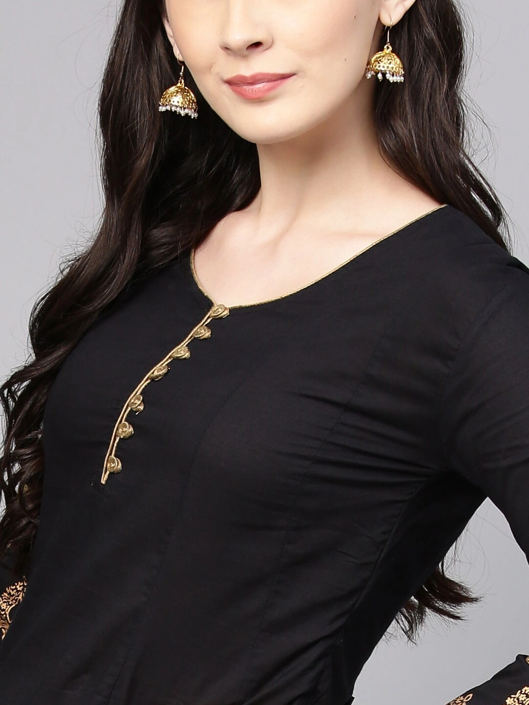 Bhama Couture Women Black &amp; Golden Solid Kurta with Palazzos-L-4