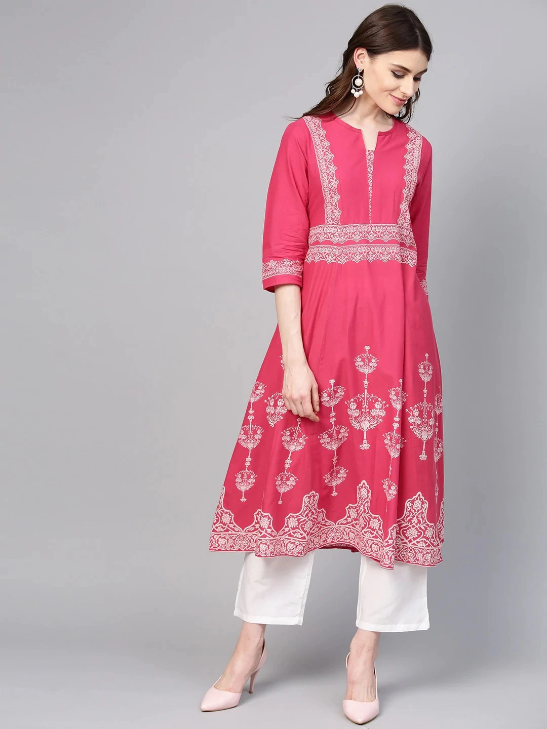 Bhama Couture Women Pink &amp; White Printed Kurta with Palazzos-BHKS150_S