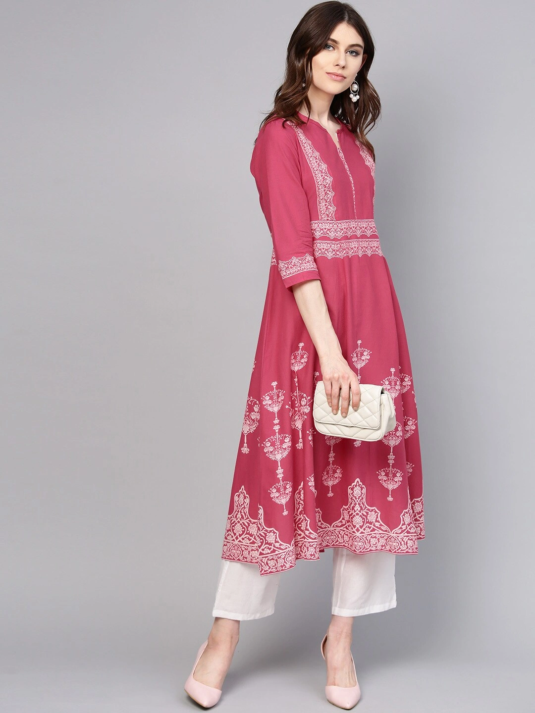 Bhama Couture Women Pink &amp; White Printed Kurta with Palazzos-S-1