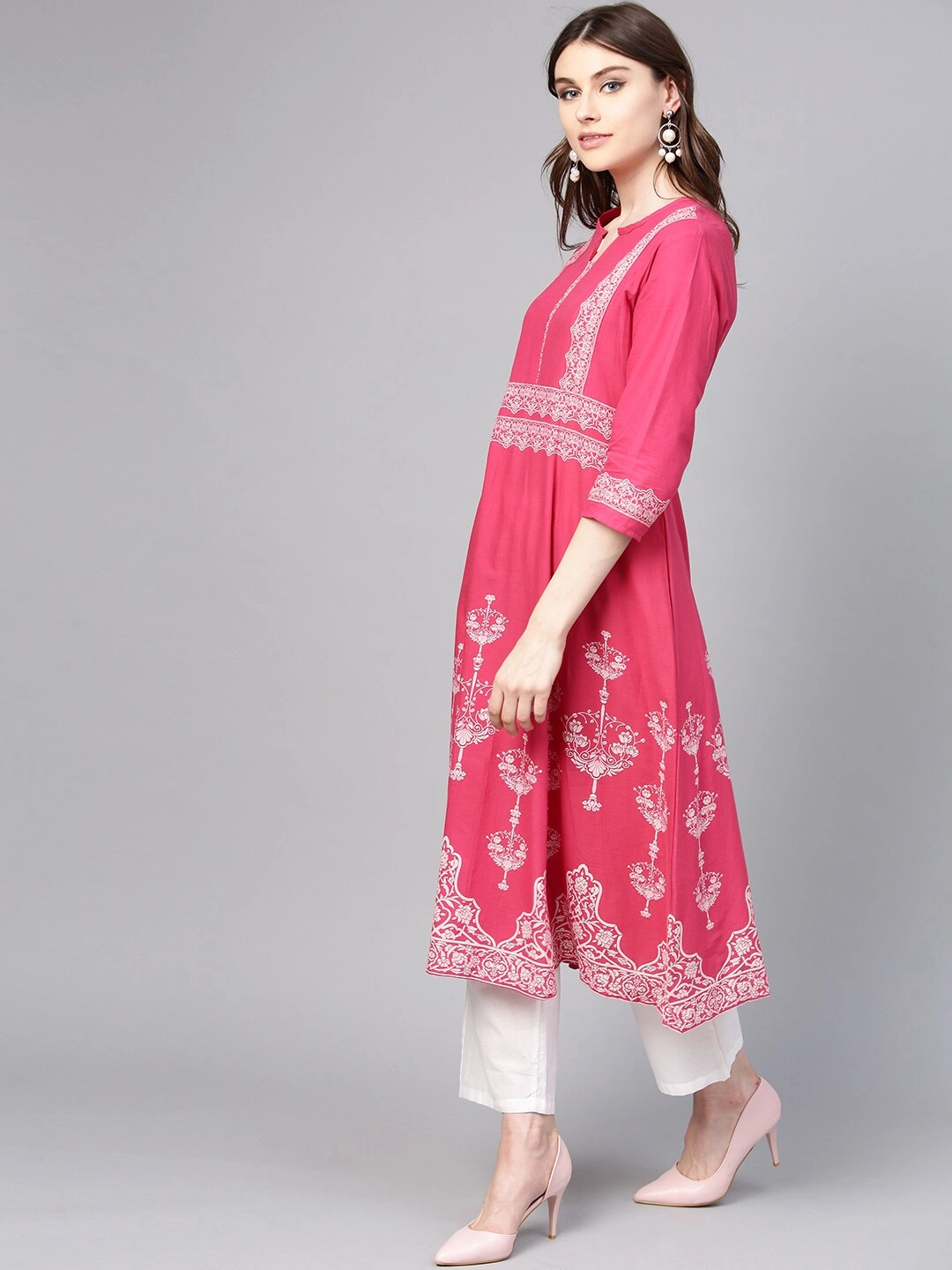 Bhama Couture Women Pink &amp; White Printed Kurta with Palazzos-S-2