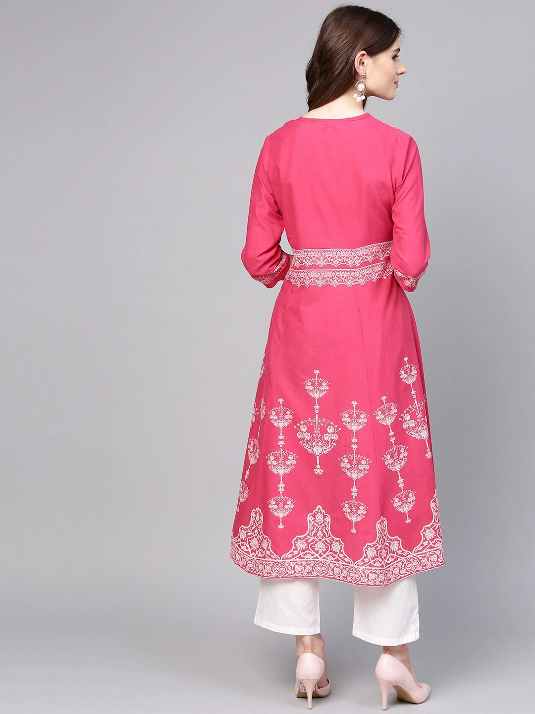 Bhama Couture Women Pink &amp; White Printed Kurta with Palazzos-S-3