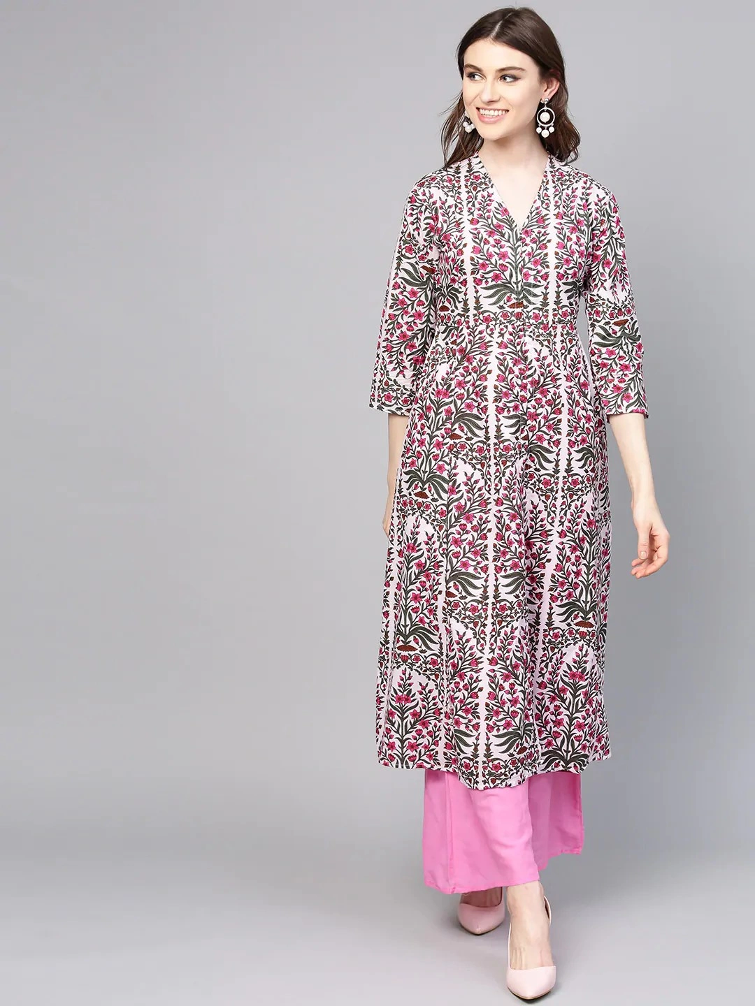 Bhama Couture Women Pink &amp; Green Printed Kurta with Palazzos-BHKS152_L