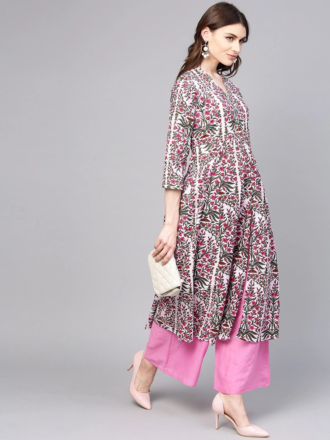 Bhama Couture Women Pink &amp; Green Printed Kurta with Palazzos-L-1