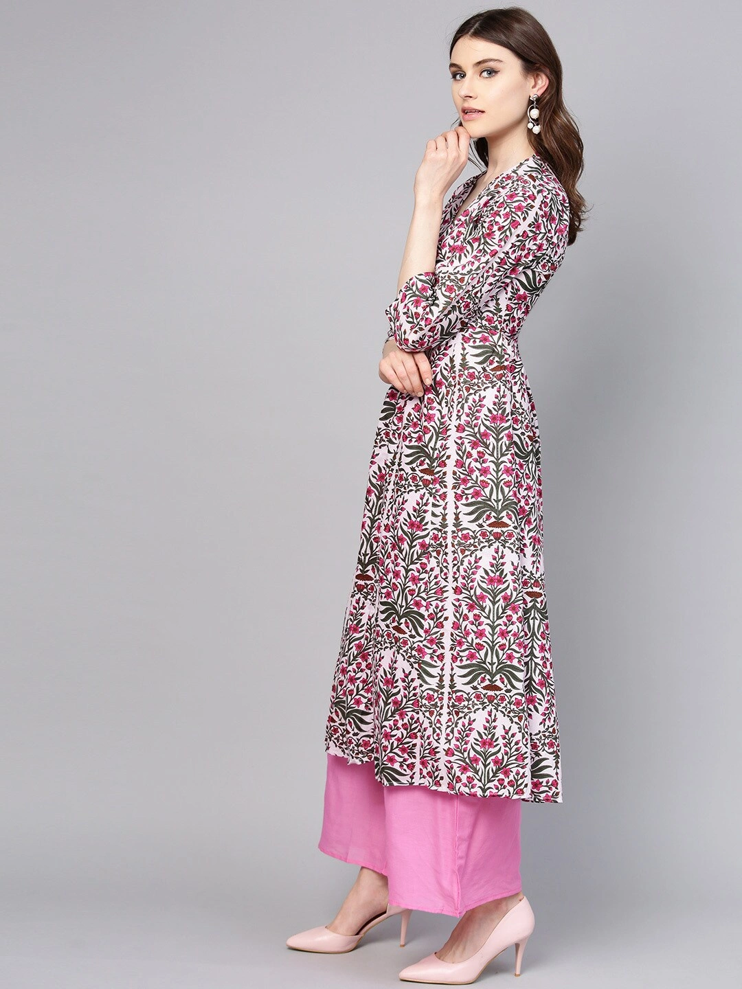 Bhama Couture Women Pink &amp; Green Printed Kurta with Palazzos-L-2