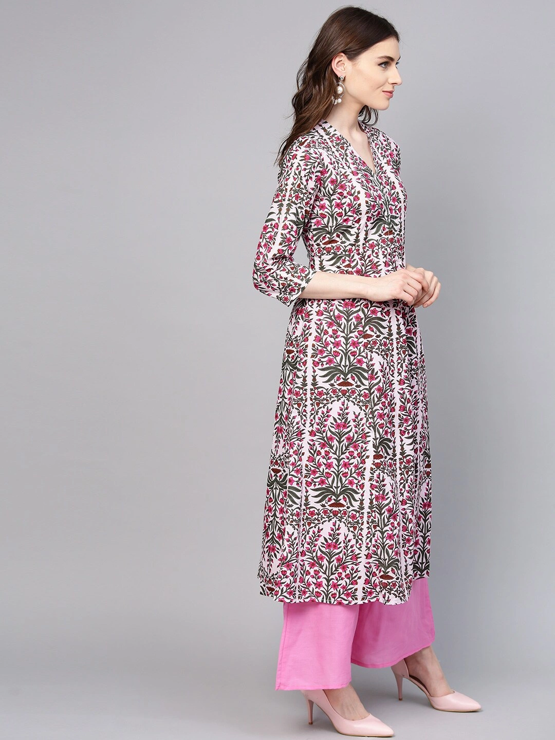 Bhama Couture Women Pink &amp; Green Printed Kurta with Palazzos-L-3