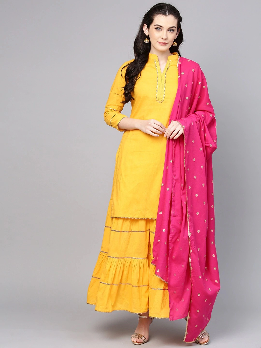 Bhama Couture Women Yellow Solid Kurta with Sharara &amp; Dupatta-BHKS155_L