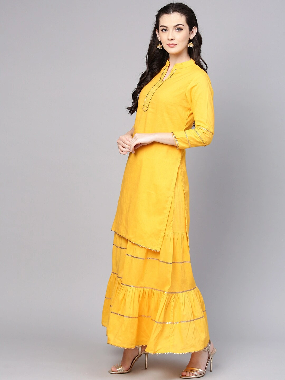 Bhama Couture Women Yellow Solid Kurta with Sharara &amp; Dupatta-L-1