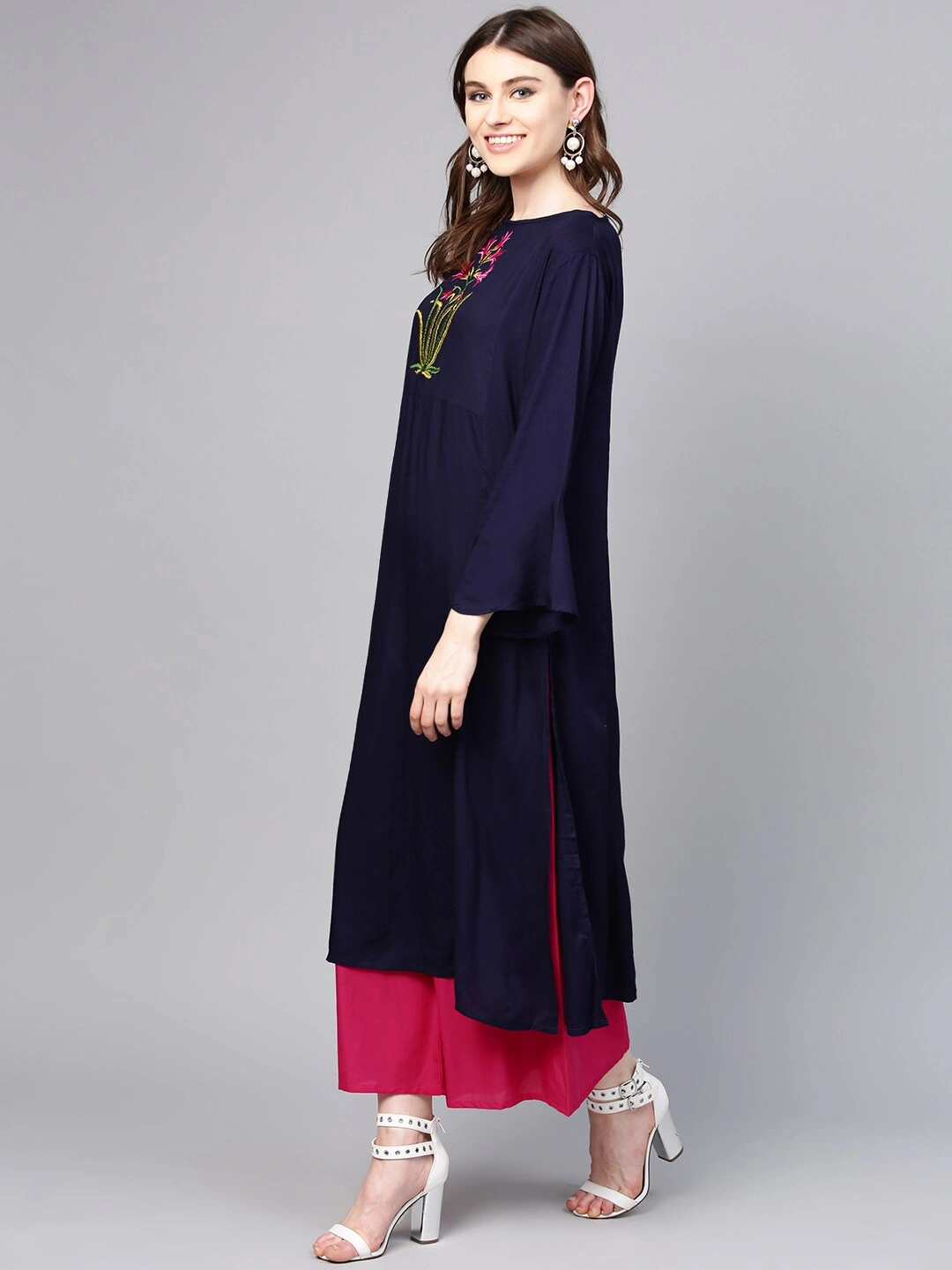 Bhama Couture Women Navy Blue &amp; Pink Yoke Design Kurta with Palazzos-L-1