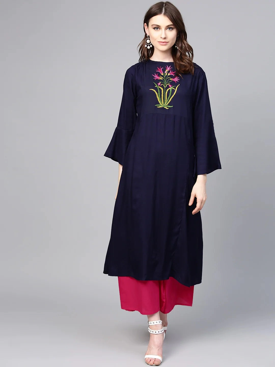 Bhama Couture Women Navy Blue &amp; Pink Yoke Design Kurta with Palazzos-BHKS160_M