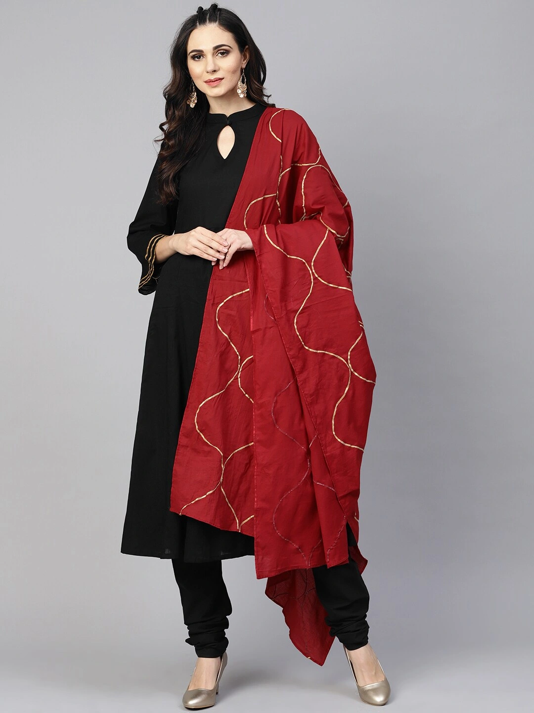 Bhama Couture Women Black &amp; Red Solid Kurta with Churidar &amp; Dupatta-BHKS163_L