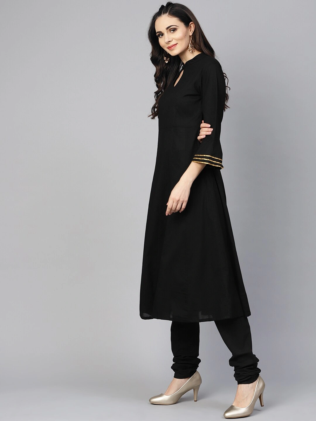 Bhama Couture Women Black &amp; Red Solid Kurta with Churidar &amp; Dupatta-L-1