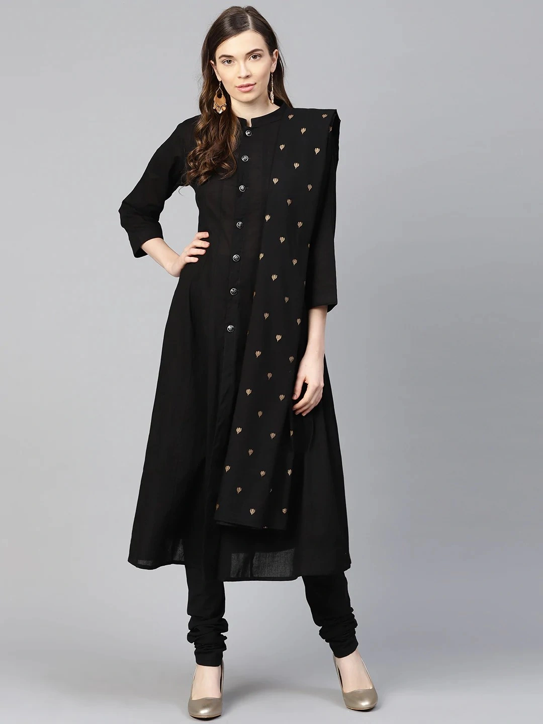 Bhama Couture Women Black Solid Kurta with Churidar &amp; Dupatta-BHKS164_L