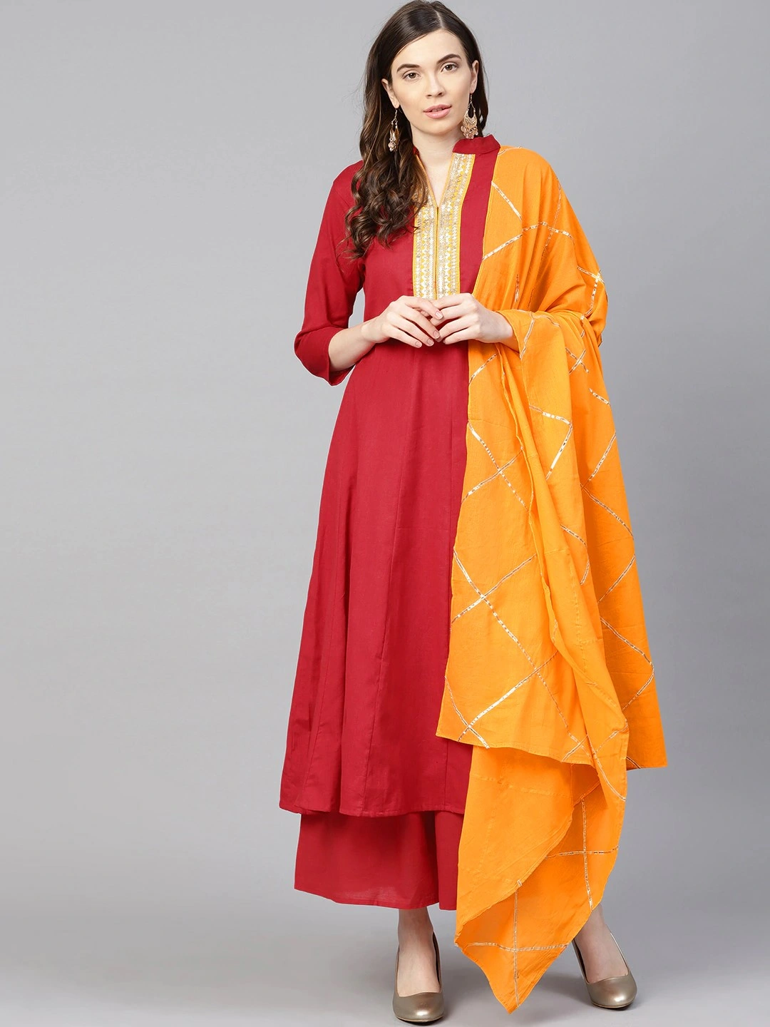 Bhama Couture Women Red &amp; Mustard Yellow Yoke Design Kurta with Palazzos &amp; Dupatta-BHKS166_L