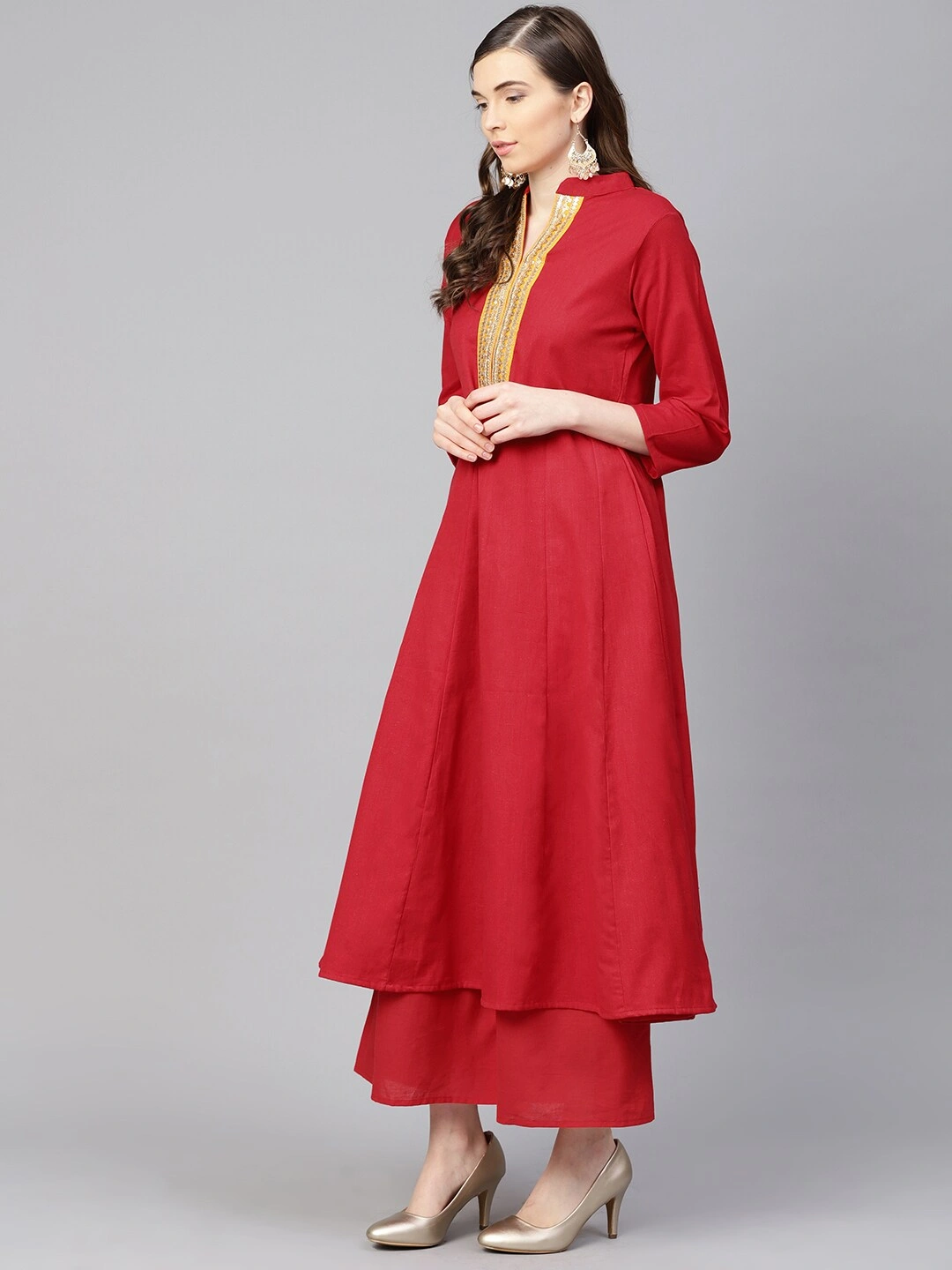 Bhama Couture Women Red &amp; Mustard Yellow Yoke Design Kurta with Palazzos &amp; Dupatta-L-1