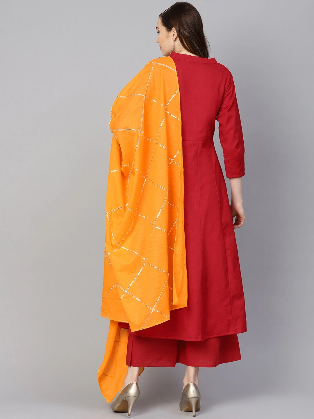 Bhama Couture Women Red &amp; Mustard Yellow Yoke Design Kurta with Palazzos &amp; Dupatta-L-2