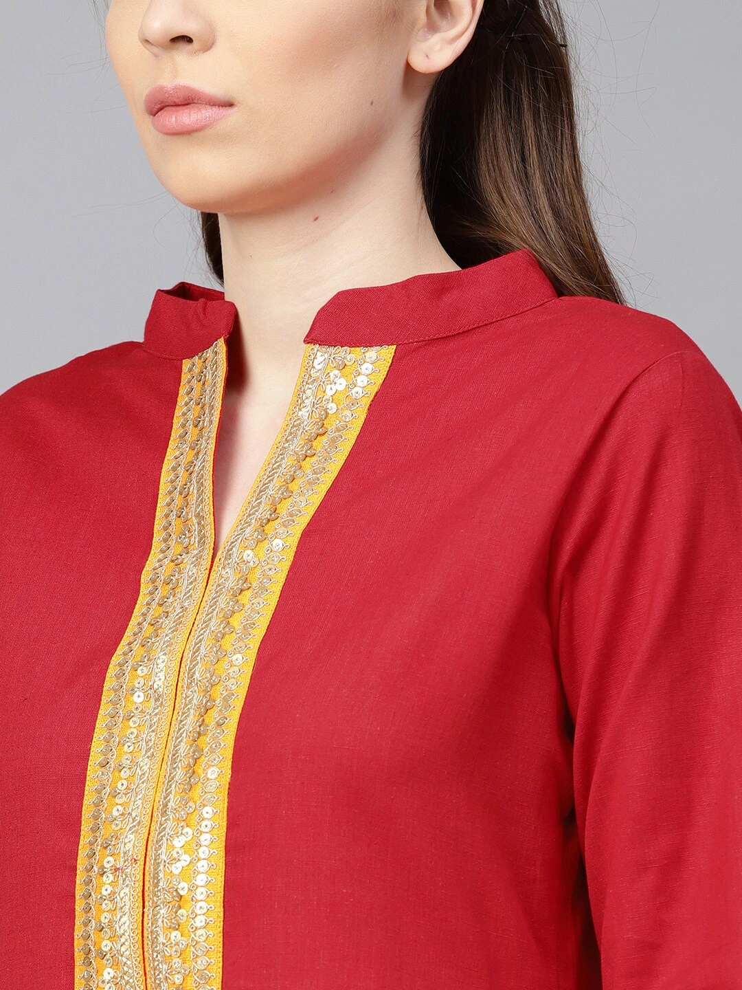 Bhama Couture Women Red &amp; Mustard Yellow Yoke Design Kurta with Palazzos &amp; Dupatta-L-3