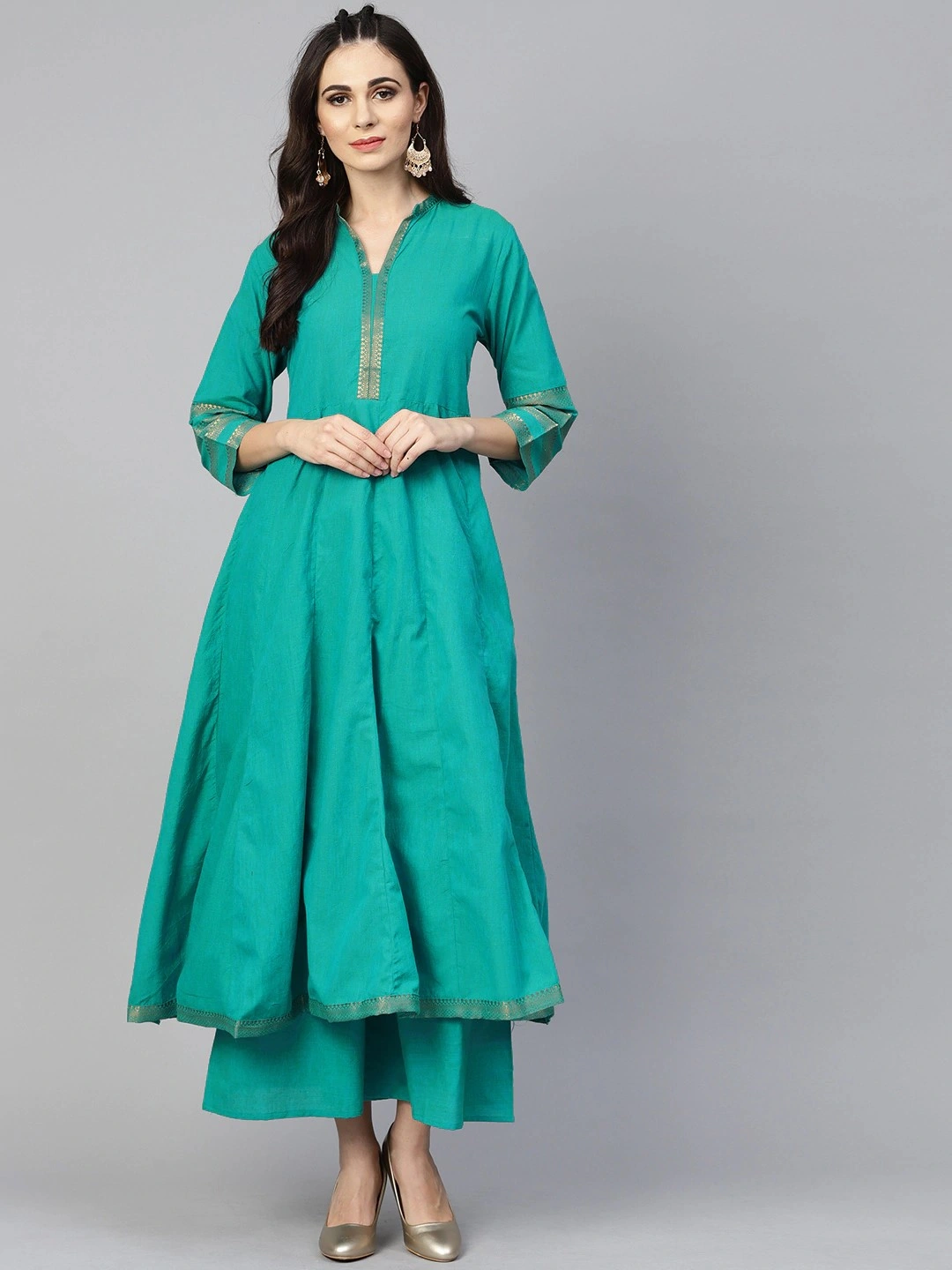 Bhama Couture Women Green Solid Kurta with Palazzos-BHKS168_L