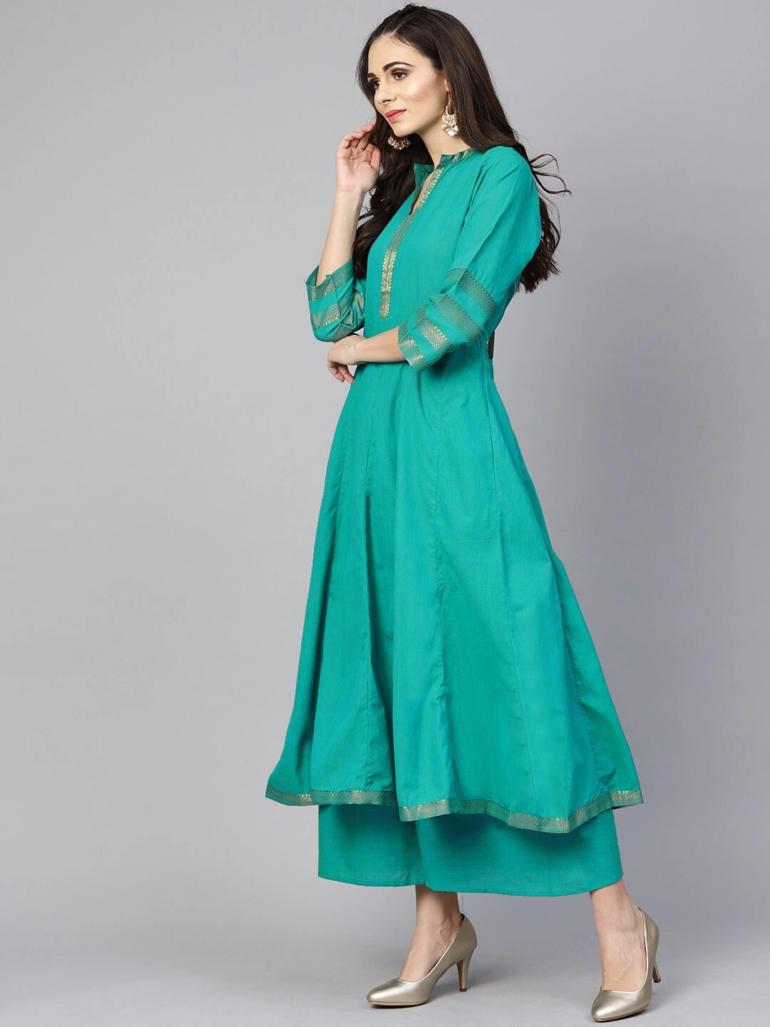 Bhama Couture Women Green Solid Kurta with Palazzos-M-1