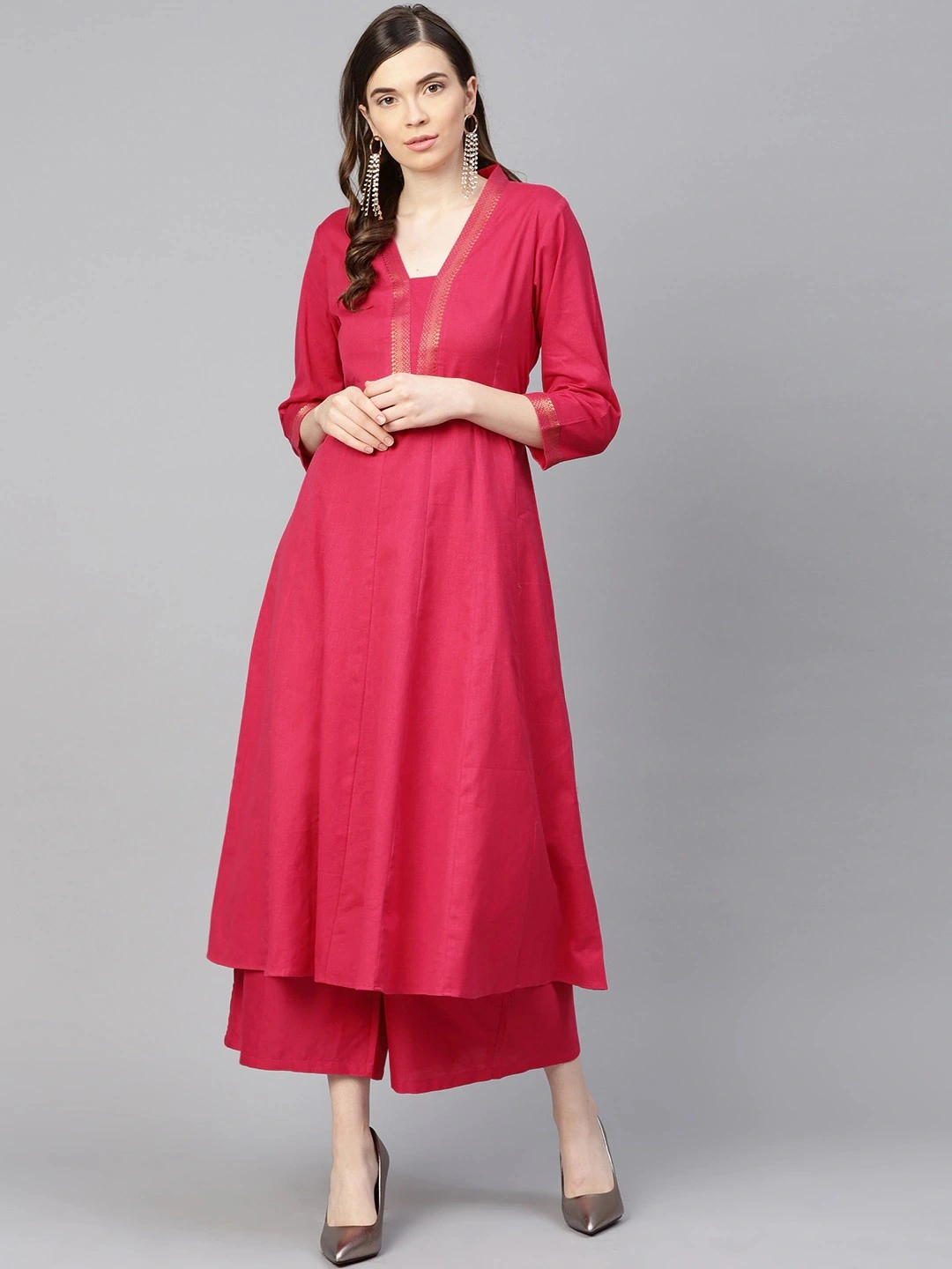 Bhama Couture Women Fuchsia Solid Kurta with Palazzos-BHKS169_L