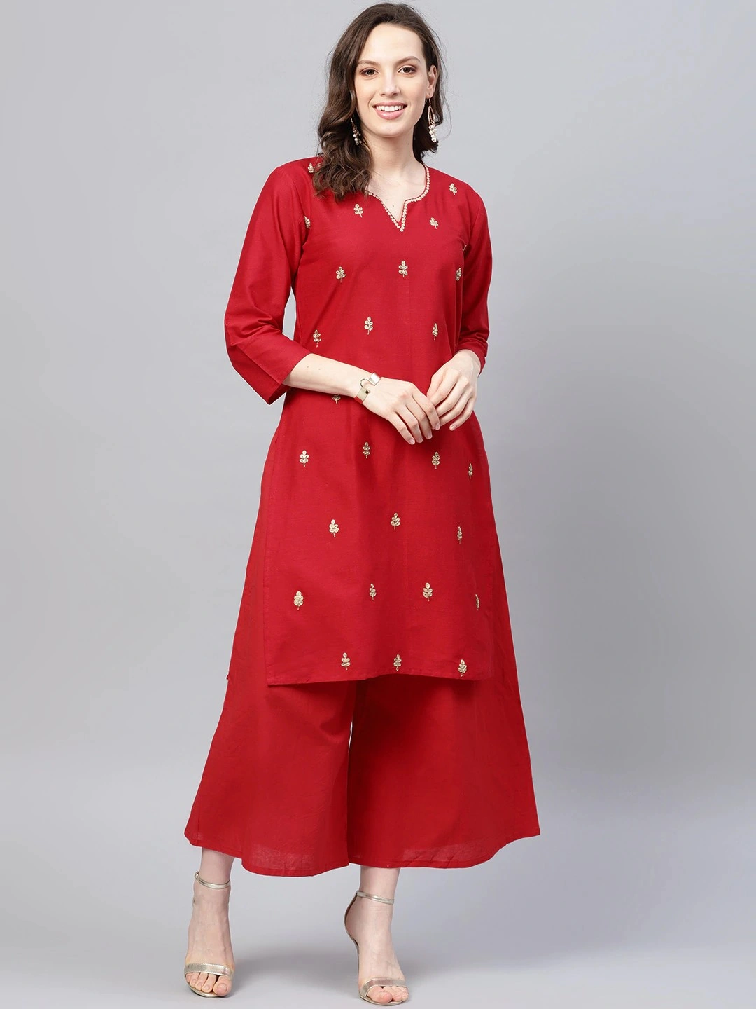 Bhama Couture Women Red Embroidered Kurta with Palazzos-BHKS172_L