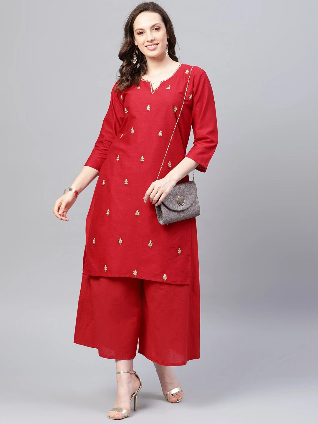 Bhama Couture Women Red Embroidered Kurta with Palazzos-L-1